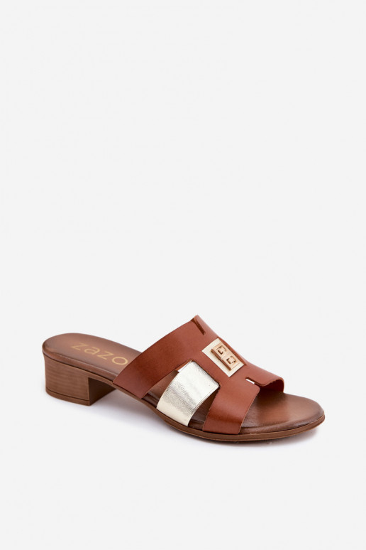 Leder Damen Hausschuhe mit Absätzen in brauner Ausführung Zazoo 40517