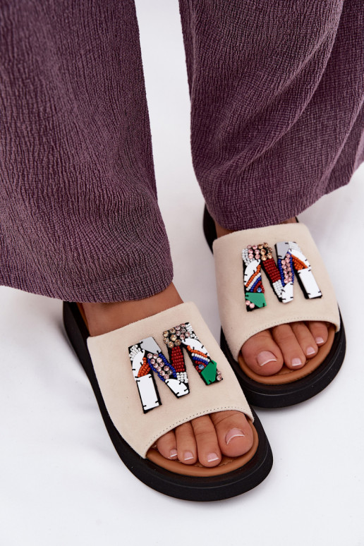 Leer Dames suède pantoffels met ornamenten met platform Vinceza 66942 beige