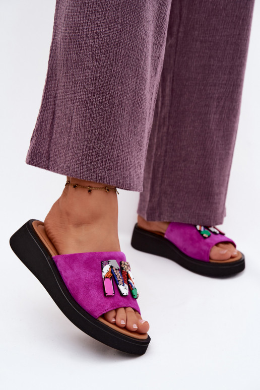 Leer Dames suède pantoffels met ornamenten met platform Vinceza 66942 roze