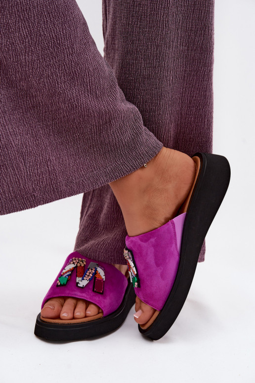 Peau Chaussons femme en daim avec des ornements avec une plateforme Vinceza 66942 couleur rose