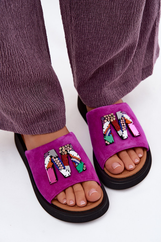 Peau Chaussons femme en daim avec des ornements avec une plateforme Vinceza 66942 couleur rose