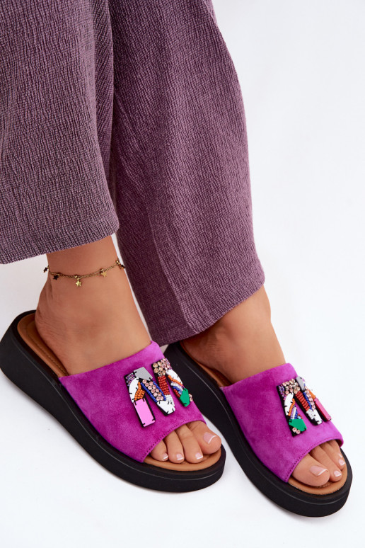 Leer Dames suède pantoffels met ornamenten met platform Vinceza 66942 roze