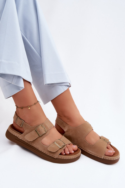 Leer Suède damessandalen met gespen Vinceza 79620 bruine kleur