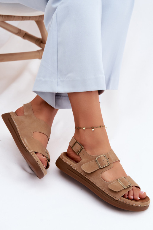 Leer Suède damessandalen met gespen Vinceza 79620 bruine kleur