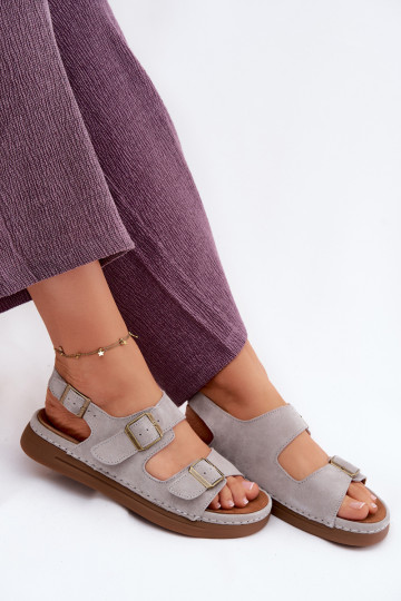 Graue Kunstveloursleder Damen-Sandalen mit Schnallen Vinceza 79620