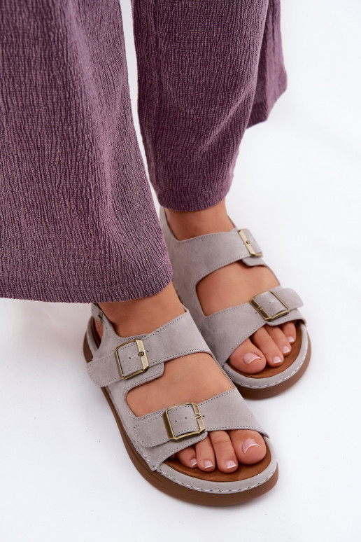 Graue Kunstveloursleder Damen-Sandalen mit Schnallen Vinceza 79620