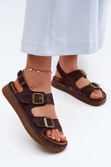 Braune Kunstveloursleder Damen-Sandalen mit Schnallen Vinceza 79620 2