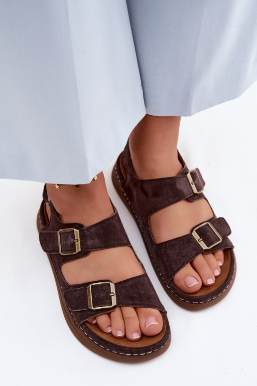 Braune Kunstveloursleder Damen-Sandalen mit Schnallen Vinceza 79620