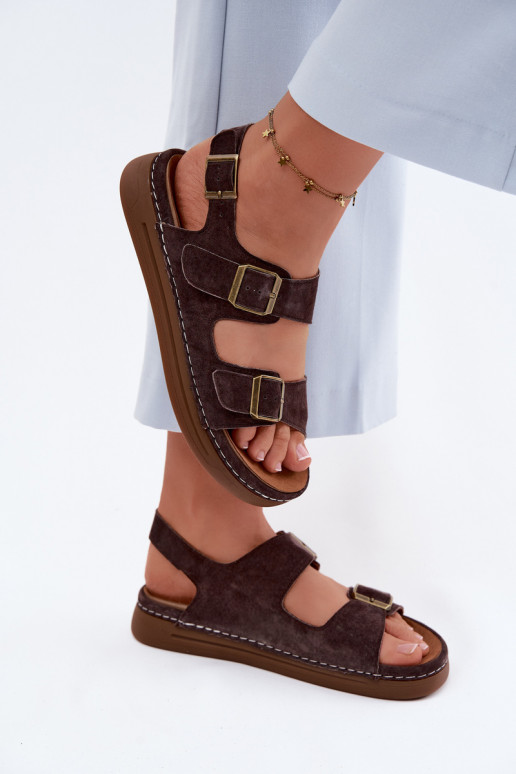 Braune Kunstveloursleder Damen-Sandalen mit Schnallen Vinceza 79620