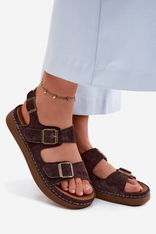 Bruine faux suede dames sandalen met gespen Vinceza 79620