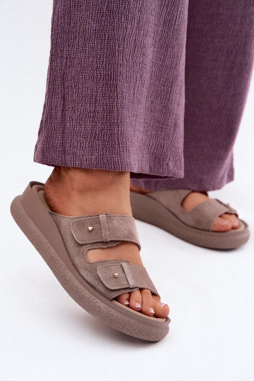 Leer Dames suède pantoffels met platform Vinceza 66916 beige