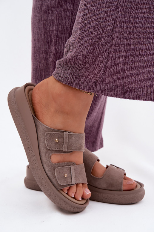 Leer Dames suède pantoffels met platform Vinceza 66916 beige