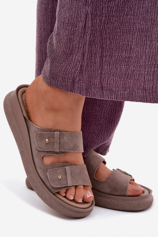 Leer Dames suède pantoffels met platform Vinceza 66916 beige