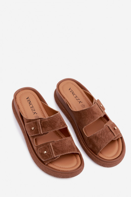 Leer Dames suède pantoffels met platform Vinceza 66916 bruine kleur