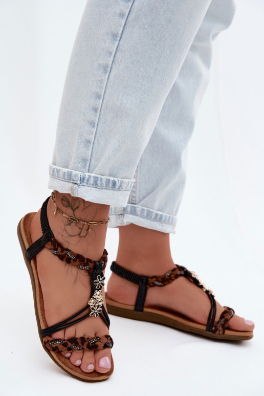 DamensandalenPrzypinkami I Plecionymi Paskami schZuarze Farbe mit Leopardenfellmuster Nusoreth