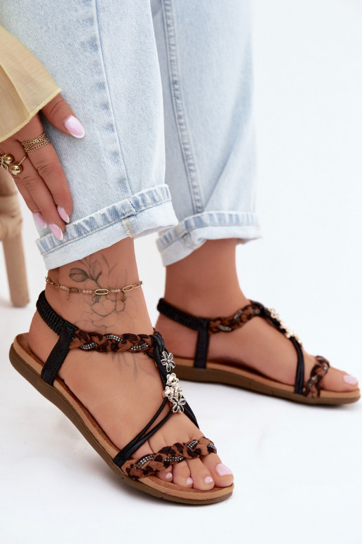 Sandales pour femmesPrzypinkami I Plecionymi Paskami couleur noire avec des motifs en fourrure de léopard Nusoreth