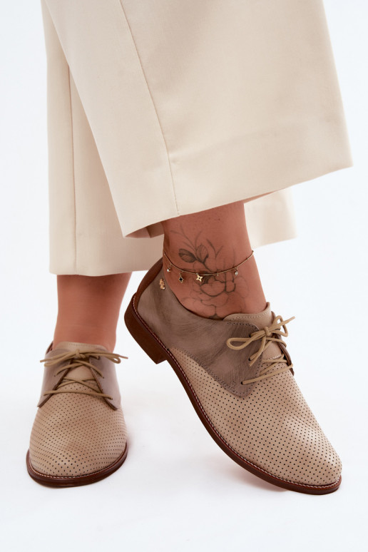 Elegante zand- en bruine leren dameschoenen met veters Zazoo 4238