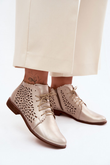 Bottines en cuir perforées dorées élégantes avec talons larges Zazoo 4078 2
