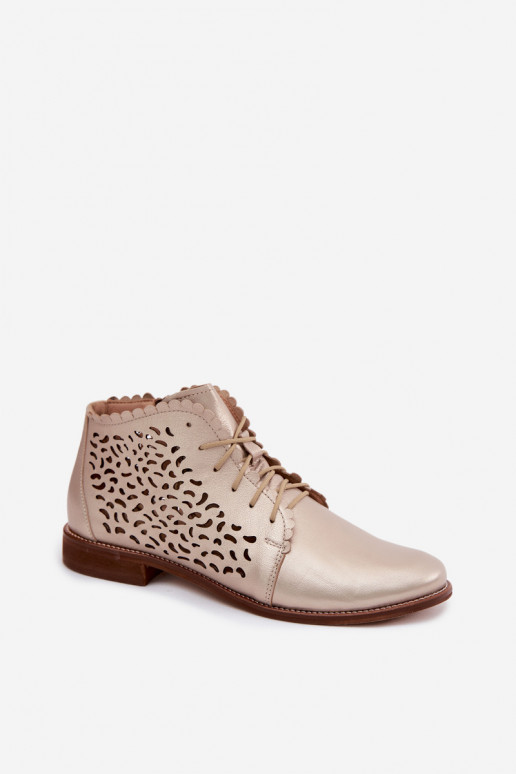 Elegante goldene perforierte Lederstiefeletten mit breiten Absätzen Zazoo 4078