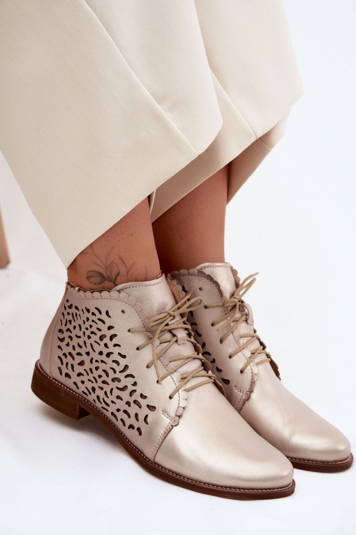 Bottines en cuir perforées dorées élégantes avec talons larges Zazoo 4078