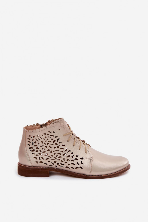 Bottines en cuir perforées dorées élégantes avec talons larges Zazoo 4078