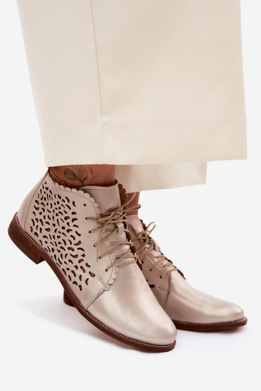 Bottines en cuir perforées dorées élégantes avec talons larges Zazoo 4078