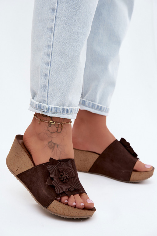 Leer Dames suède pantoffels met platform Met sierlijk met bloemenem Zazoo 40312 CzekoladoIne