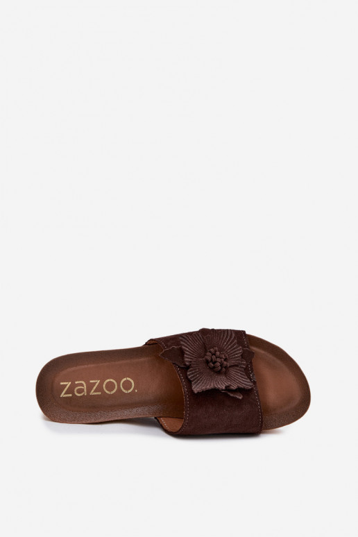 Leer Dames suède pantoffels met platform Met sierlijk met bloemenem Zazoo 40312 CzekoladoIne