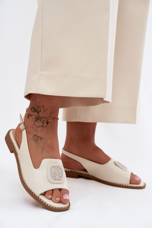 Dames sandalen met brede hakken met ornamenten S.Barski KV61-6016 crème kleuren