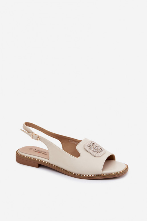 Crème kleurige dames sandalen met brede hakken en ornamenten S.Barski