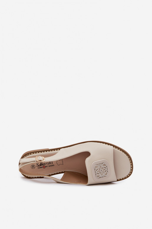 Crème kleurige dames sandalen met brede hakken en ornamenten S.Barski