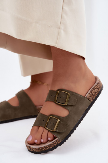 Khaki dames slippers met gespen op kurkzool Harleen