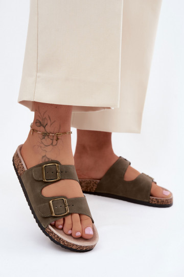 Khaki dames slippers met gespen op kurkzool Harleen 2
