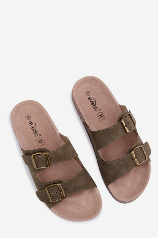 Khaki dames slippers met gespen op kurkzool Harleen