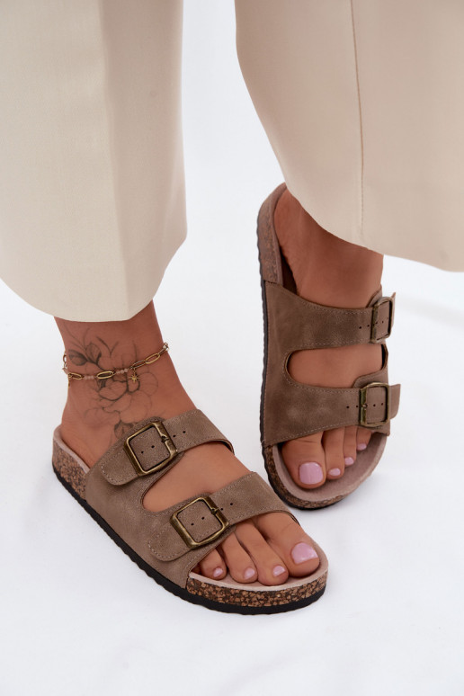 Khaki Damen-Slipper mit Schnallen auf Korksohle Harleen