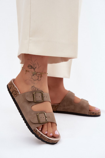 Damespantoffels met gespen Op een kurkzool kaki kleuren Harleen 2