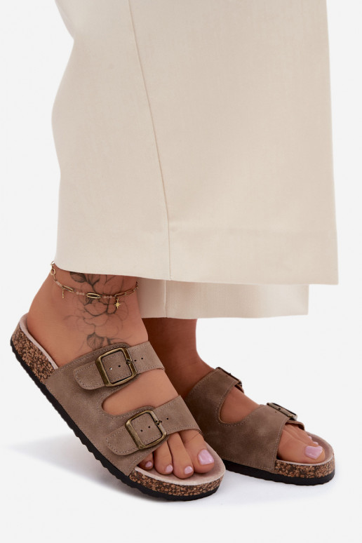 Khaki Damen-Slipper mit Schnallen auf Korksohle Harleen