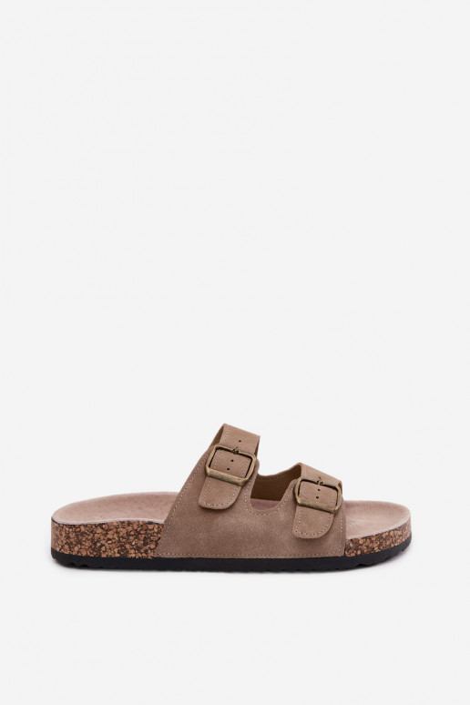 Khaki dames slippers met gespen op kurkzool Harleen