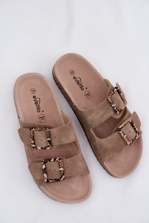 Damenhausschuhe Auf einer Korksohle mit Schnallen Schlangenmuster Beige Melia