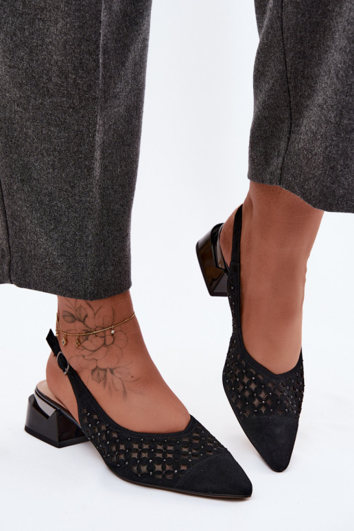 Peau Sandales femme en daim avec des éléments ajourés avec maille Klocke D&A CR61-3004 couleur noire