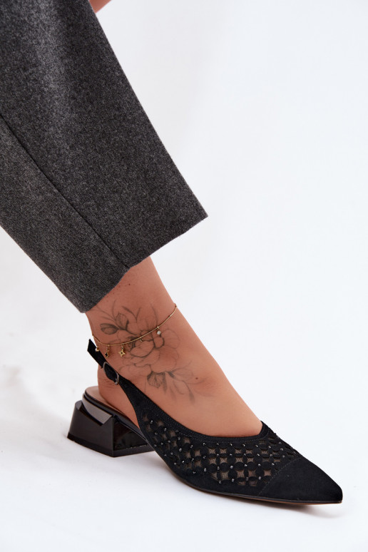 Peau Sandales femme en daim avec des éléments ajourés avec maille Klocke D&A CR61-3004 couleur noire