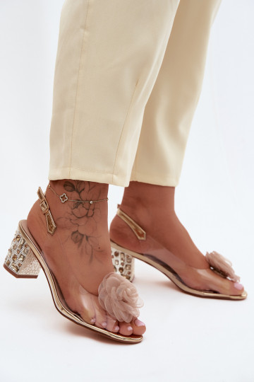 Gouden doorzichtige sandalen met hakken en fonkelende studs D&A