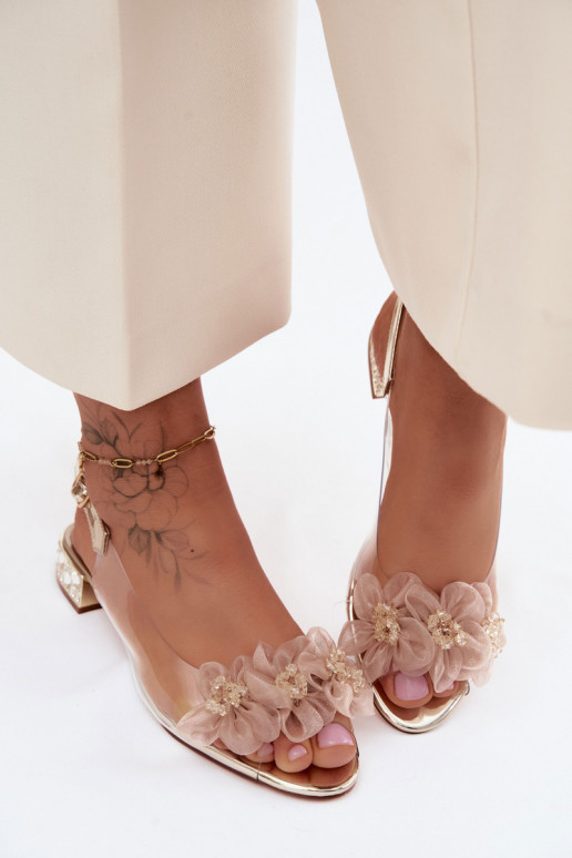 Sandales transparentes avec gemmes brillantes et motifs floraux en filet D&A MR61-9006 or