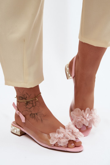 Transparente Sandalen mit funkelnden Steinen und Netzblumenmotiven D&A MR61-9006 rosa 2