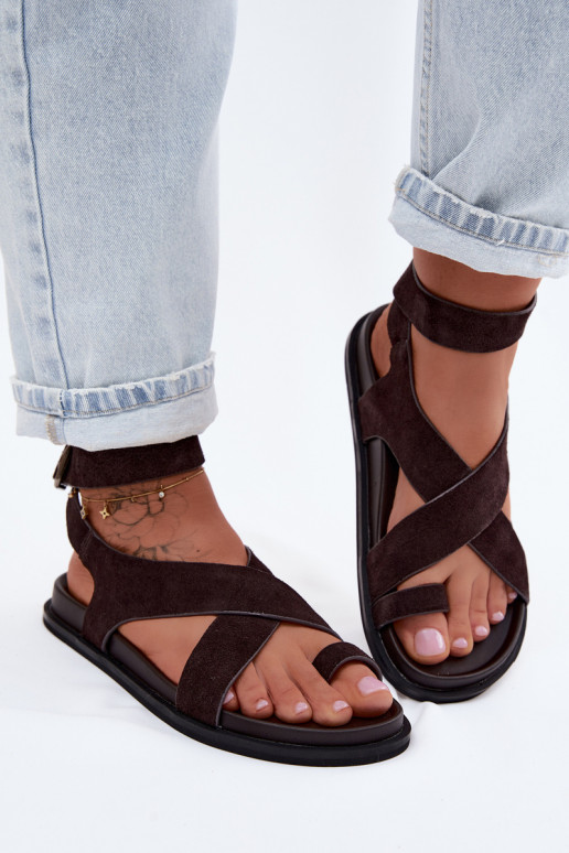Flache Sandalen aus natürlichem Wildleder D&A CR61-3049 schokoladenbraun