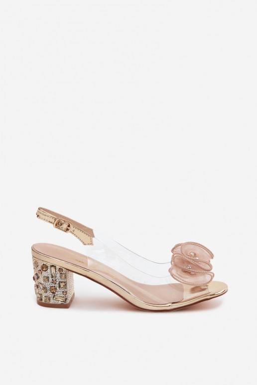 Transparente Sandalen mit Absatz und funkelnden Steinen in Gold