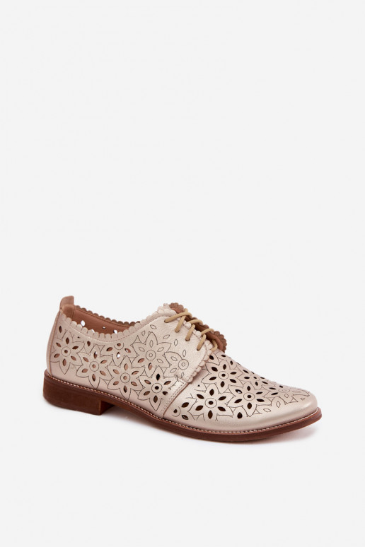 Leren schoenen met kantdetails en brede hakken in goud