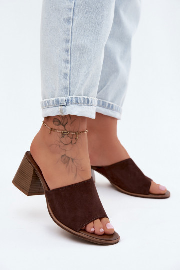 Leer Dames suède pantoffels met hakken Zazoo 40519 CzekoladoIne