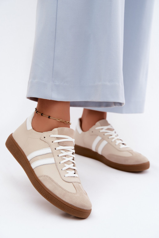 Zazoo N1068 leren lage sneakers voor dames in zandkleur