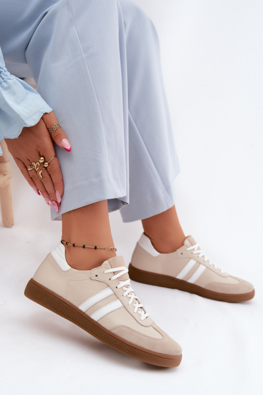 Zazoo N1068 leren lage sneakers voor dames in zandkleur